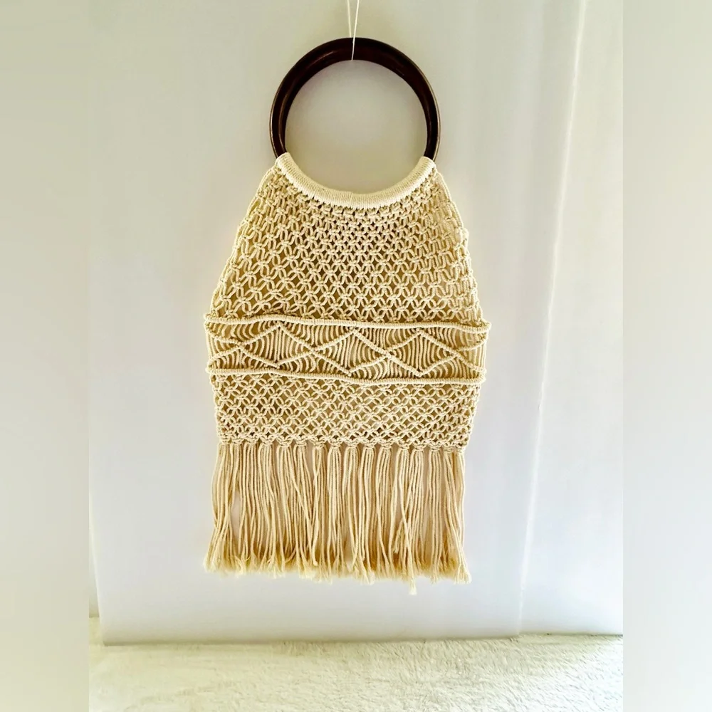 Macrame Crochet Handbag Woven Purse Wood Ring Handles Fringe Boho Bag NEW